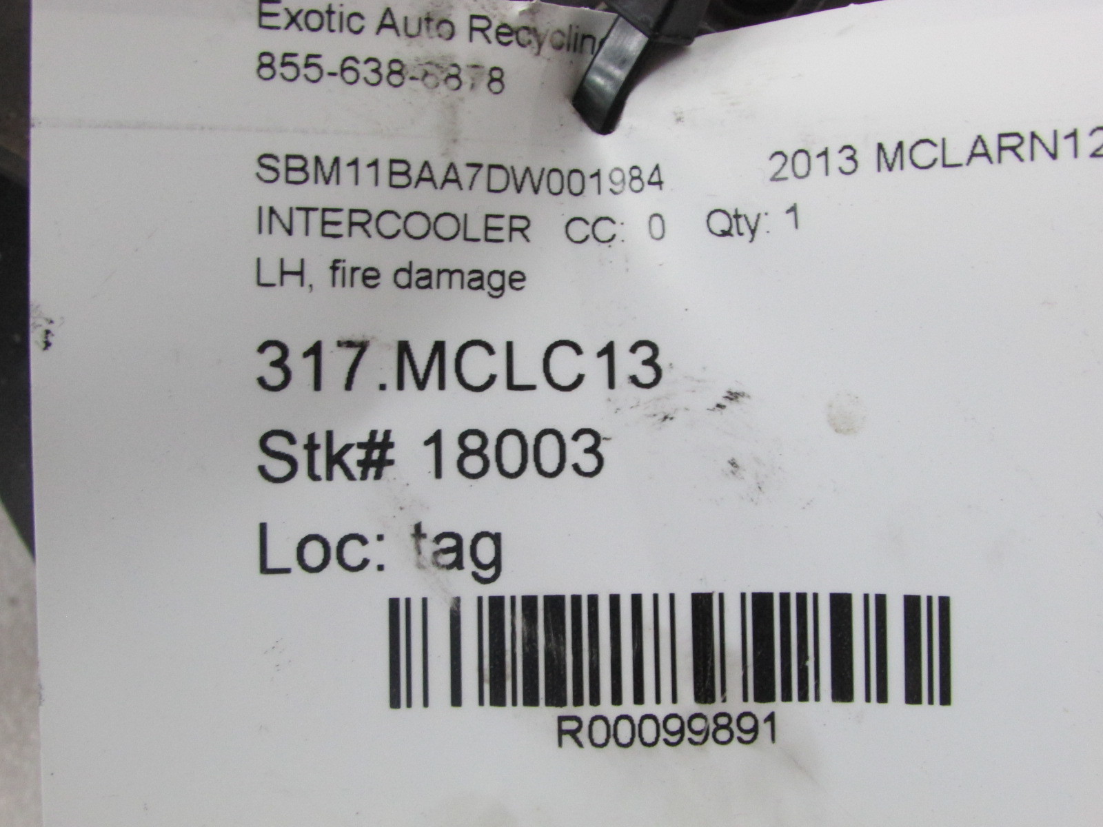 McLaren MP4-12C, LH, Left Side Intercooler, Used, P/N 00118286-03