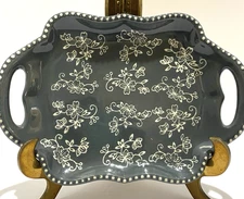 Temptations Floral Lace Gray 10" Rectangular Baker Tray w/ Handles Scallop Edges