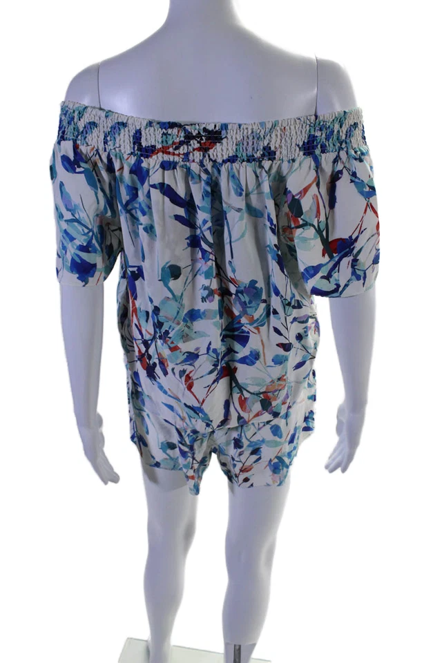 Mameluco Parker Mujer Seda Blanco Azul Floral Hombro Descubierto Manga Corta Talla M Foto 3 de 4