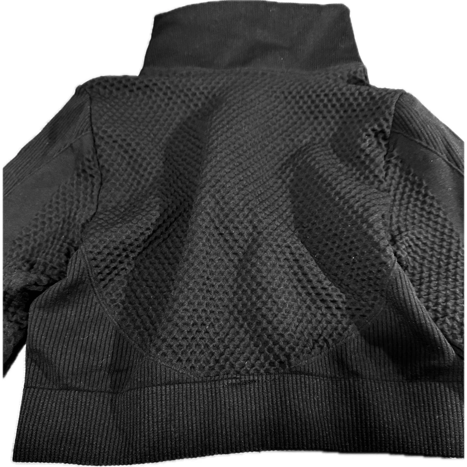 Negro Recortado Texturizado Cuello Simulado Cremallera Manga Larga Ropa Activa Chaqueta Agujeros para los Pulgares M Foto 3 de 4