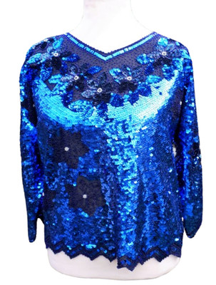 Vintage 1980er Perlen hellblau Blumen Pailletten Top mit transparentem Einsatz UK 12/14