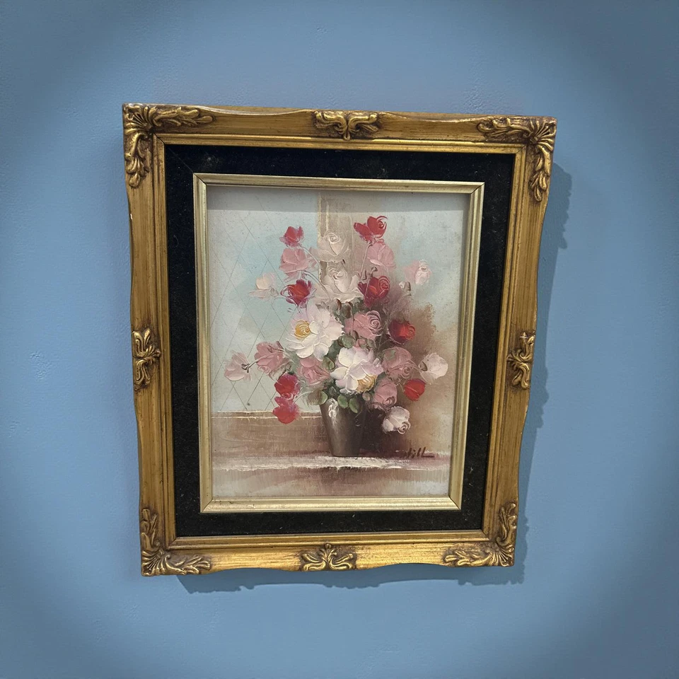 Pintura al óleo original de colección M. Hill Impasto floral bodegón marco dorado años 70 Foto 2 de 4