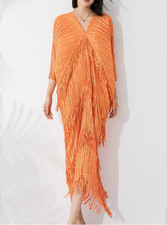 Tassels Dress Women's V Neck 3/4 Batwing Sleeve Pleated Long Dress Ball Gown 
