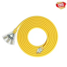 15 FT 12/3 Gauge Extension Cord Outdoor Tri-Tap Extension Cord Splitter, Heav...