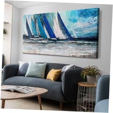 Blue Abstract Wall Art Canvas Teal Ocean Sailboat 40L" x 20W" Blue sailboat