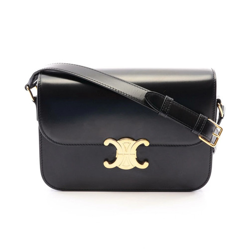 Celine Classic Triomphe Medium Shoulder Bag Black Leather 8.9x5.9x2.6 in