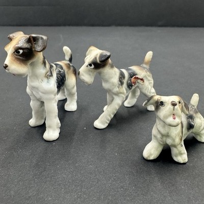 1960's Vintage Bone China Fox Terrier / Schnauzer  Dog Family Figurines - Japan