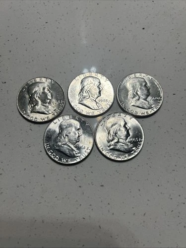 5 UNCIRCULATED FRANKLIN SILVER HALVES, 5 DATES FROM 1960-1963, BRIGHT WHITE