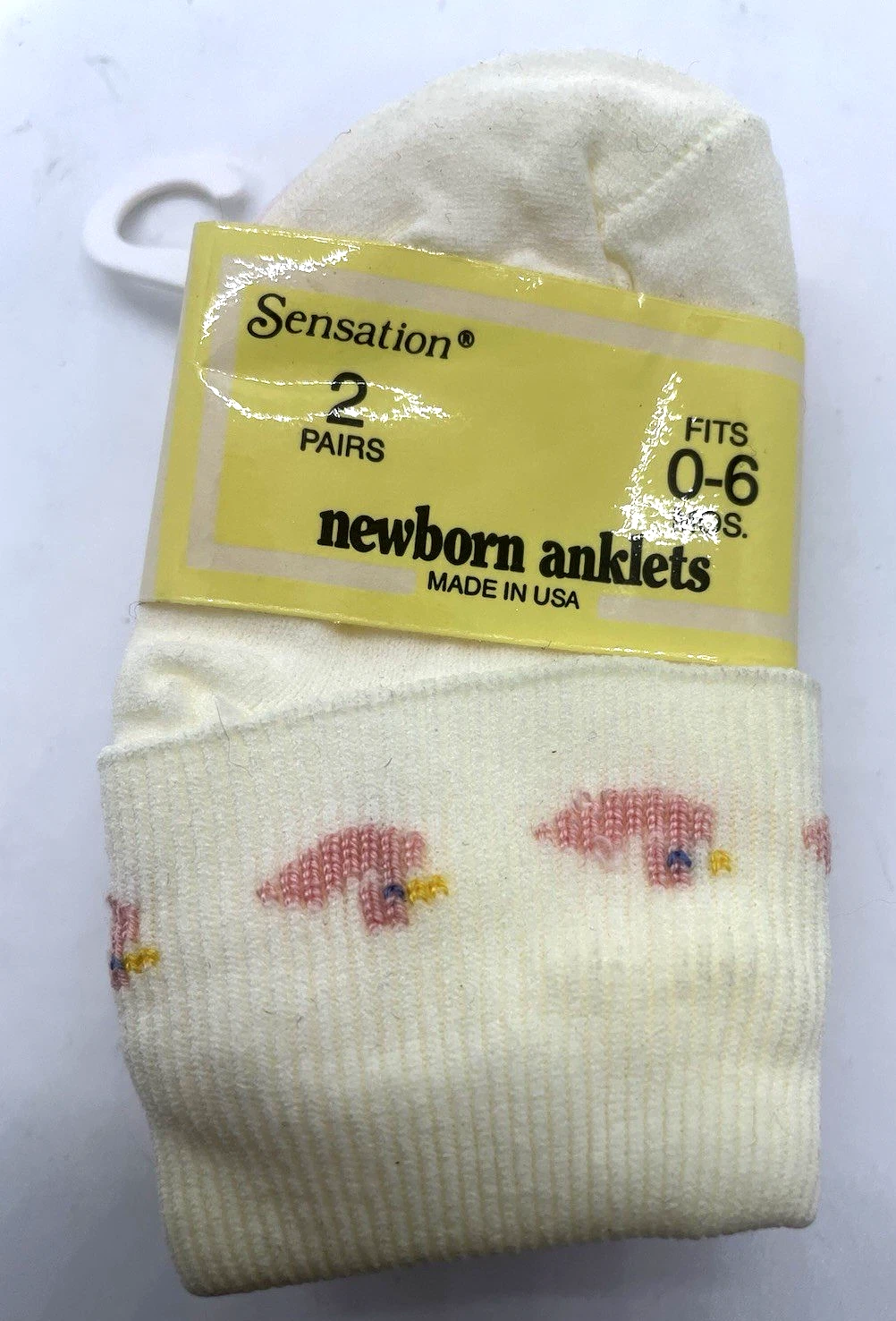 Sensations Newborn Anklets 2 Pairs 0-6 months White Pink Ducks USA Vintage New