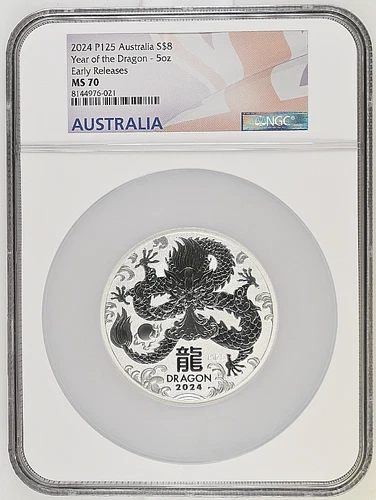 2024 P Australia Silver Lunar Year of the Dragon 5oz $8 Coin NGC MS70 ER