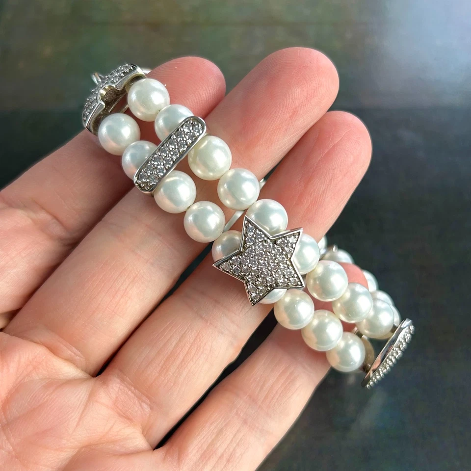 STERLING SILVER 925 Multi Strand White Simulated Pearl Bracelet Pave CZ Charms - Image 4 of 4