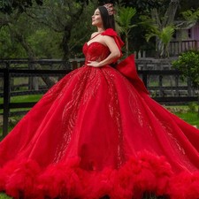 Red Off Shoulder Quinceanera Dress Tull Tiered Ruffle Layering Bow Ball Gown