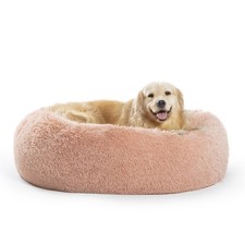36in Calming Donut Dog Bed, Plush Faux Fur, Washable, NonSlip, Fits 100lb