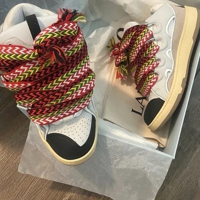 Lanvin Leather Curb Lace Up Sneakers White Ivory Black Chevron Low Top