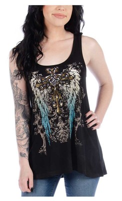 Liberty Wear Women's Embellished Gradient Teal Wings & Cross Sleeveless Tank (L)