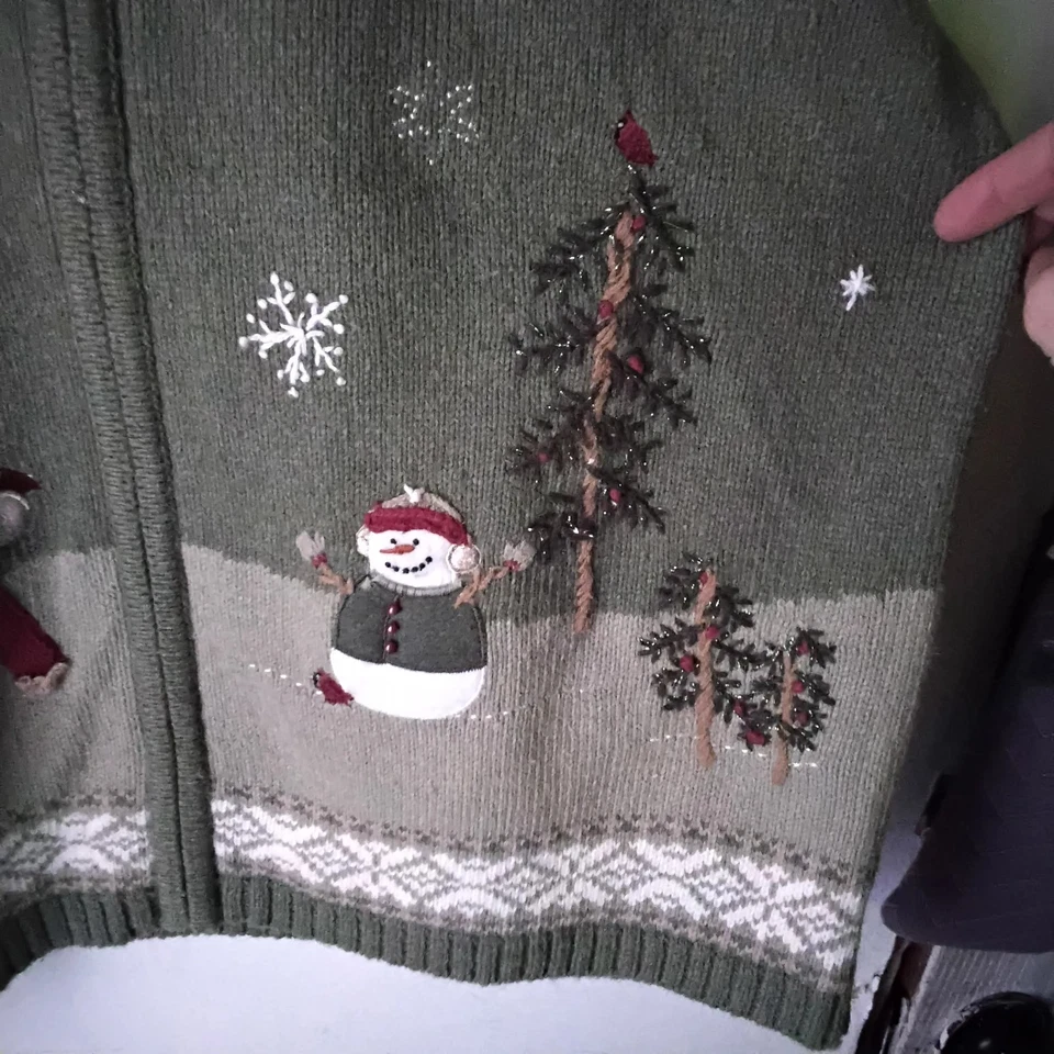 Cardigã Croft & Barrow verde boneco de neve inverno Natal zíper completo suéter em excelente estado usado - Imagem 3 de 4