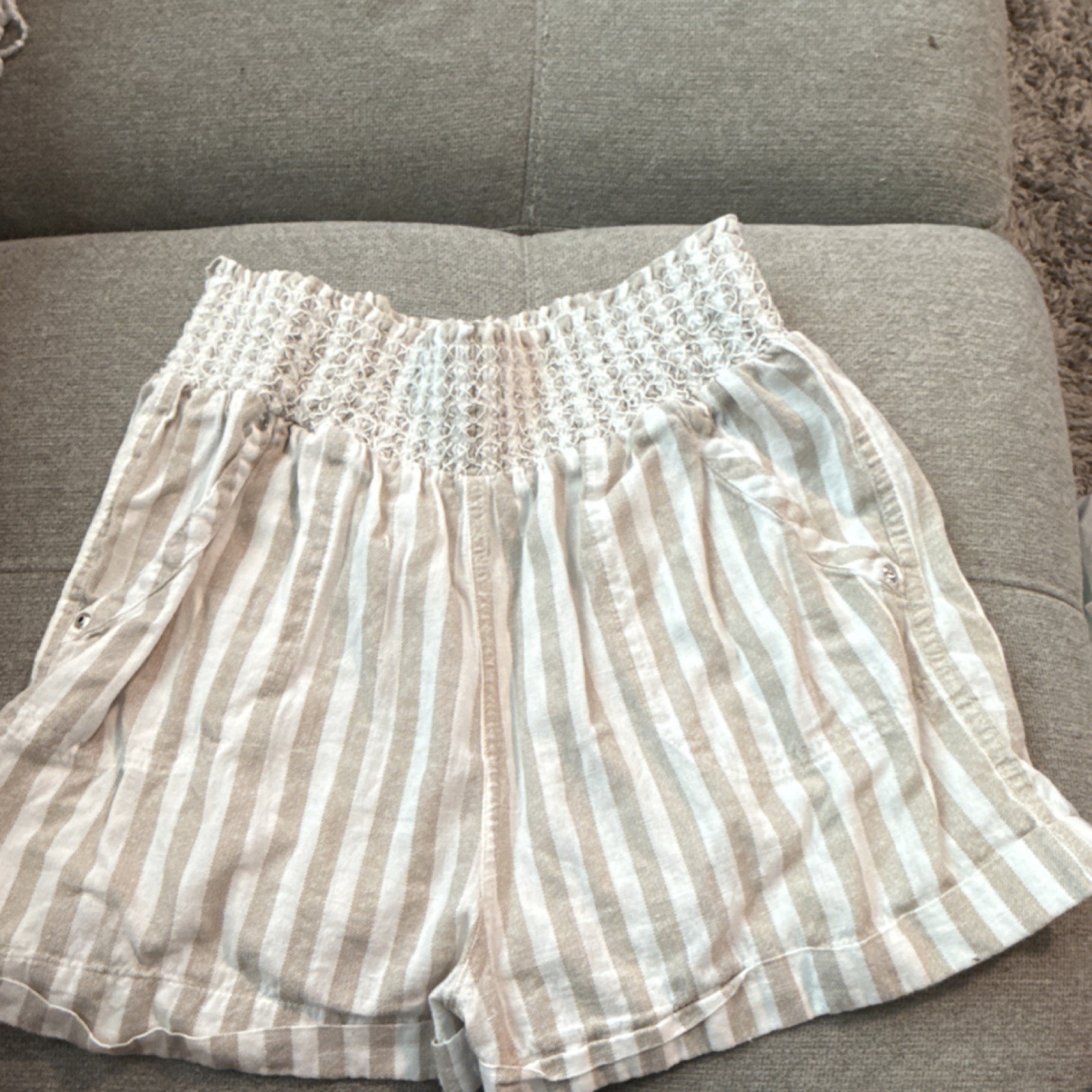 Jolie & Joy Paperbag Linen Blend Striped Women's Shorts, Medium, Elastic Waist