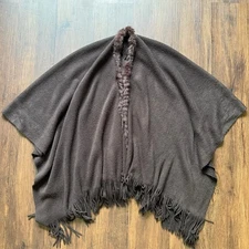 Cejon Chocolate Brown Fringe Poncho Wrap w/ Genuine Fur Trim O/S