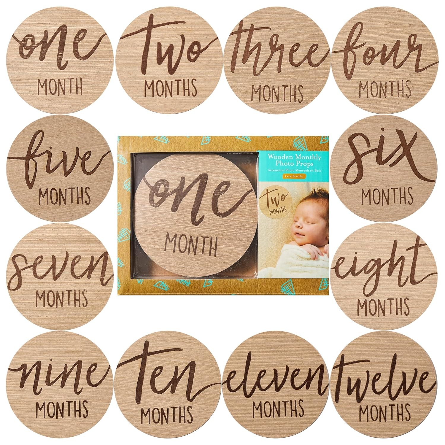 Kate & Milo Baby Monthly Milestone Marker Discs - Classic Cursive Script Wooden