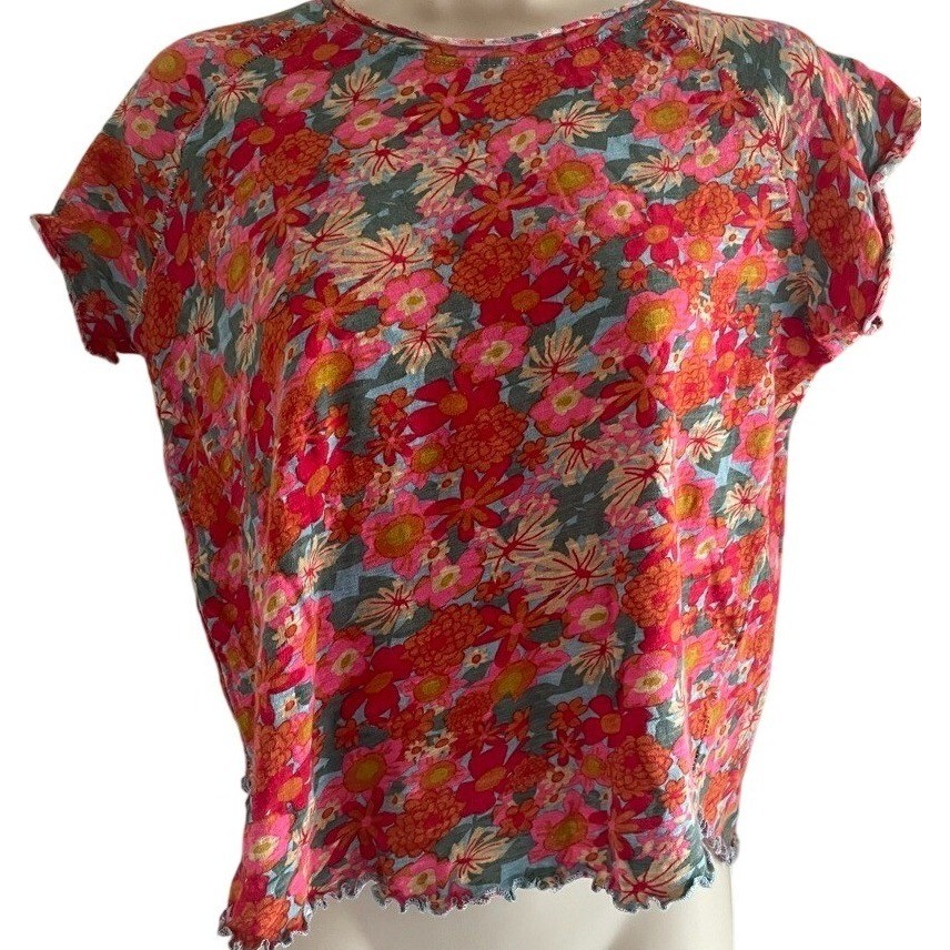 Natural Life Lily Cotton Floral Tee Boho Lettuce Hem Pink Red Womens M