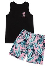 Men's 2 Pieces Set Floral Print Elastic Waist Shorts Sleeveless Tank Top Outf...