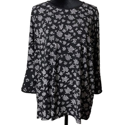 Michael Kors MMK Women 1X Black White Floral Bell Sleeve Blouse Stretch Knit Top