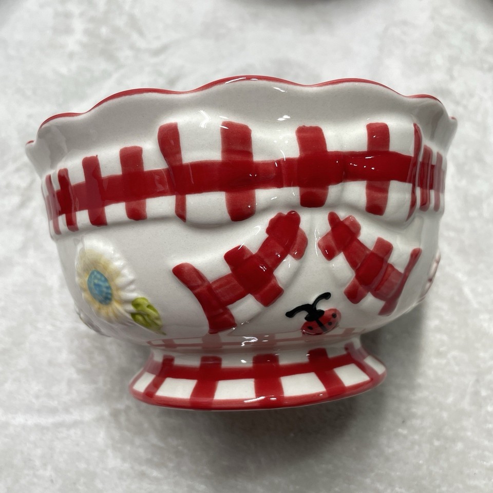 Ladybug Pattern Single Temptations 16pc Service for 4 RED Gingham Garden Plates Bowls Mugs ...