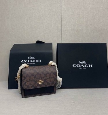 Coach Brown Logo Shoulder Bag Gold Hardware Detachable Strap Women's Designer