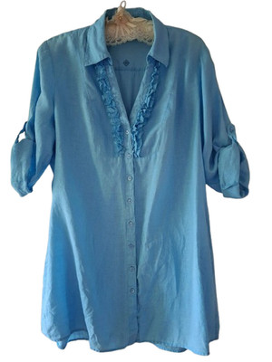 COMMA Linen Ruffle Tunic Shirt Blue Boho Lagenlook Summer Blouse Women Size L