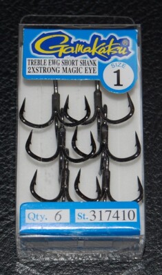 6 Gamakatsu 317410 Extra Wide Gap EWG Short Shank 2X Strong Treble Hooks Size 1
