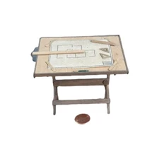 Artisan Dollhouse Miniature Drafting Table Drawing Diorama w Blueprint OOAK 1:12