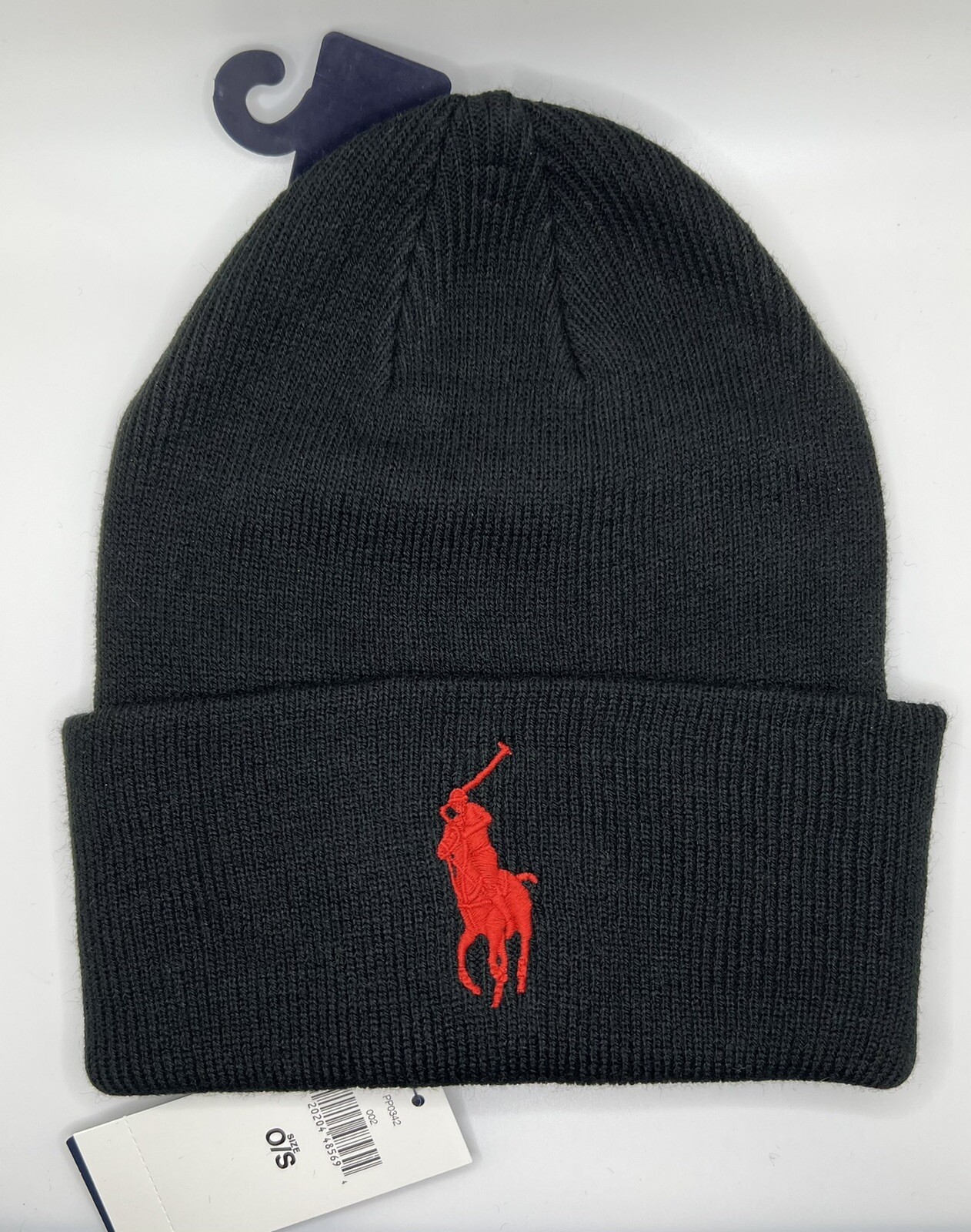 Cappello berretto Polo Ralph Lauren Big Pony con polsini nero rosso nuovo con etichette taglia unica adatto alla maggior parte