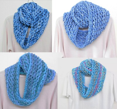Handgestrickter Infinity Schal, Grobgarn, blaue Mischungen, wählen Sie A, B, C, D