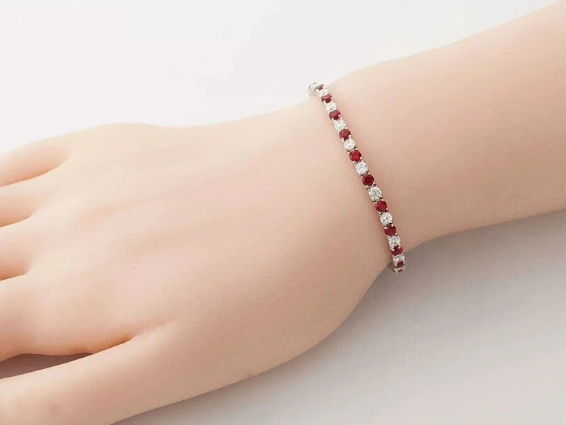 7CT Round Cut Red Ruby Lab Created Diamond Tennis Bracelet 14K White Gold Plated - Image 4 of 4