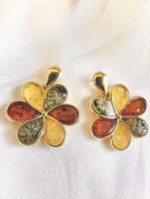 Luxury Flower  Natural BALTIC AMBER 925 Sterling Silver Gold Plated Earring Gift