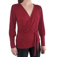 Amour Vert Modal Wrap Top Long Sleeve Red Blouse Women's | XS