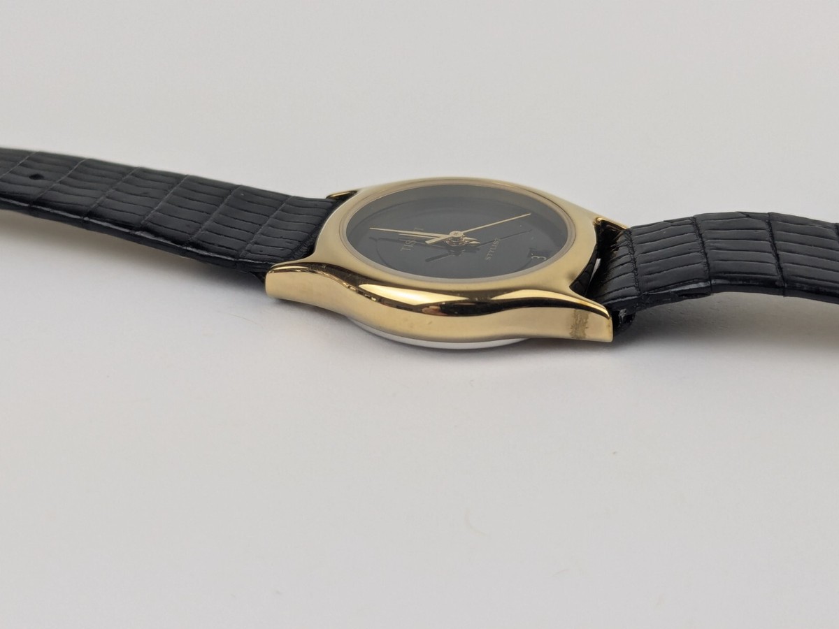 Vtg NEW OLD STOCK Tissot Stylist Gold Tone Watch Date Black Vtg NEW OLD STOCK Tissot Stylist Gold Tone Watch Date Black