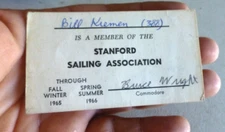 VINTAGE  MEMBERSHIP CARD STANFORD UNIVERSITY SAILING ASSOCIATION 1965 1966