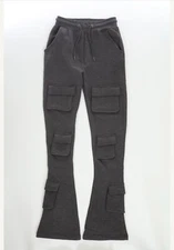 H N S  Men'S FRONT CARGO  FLARED STACKED ATHLETIC SWEAT PANTS