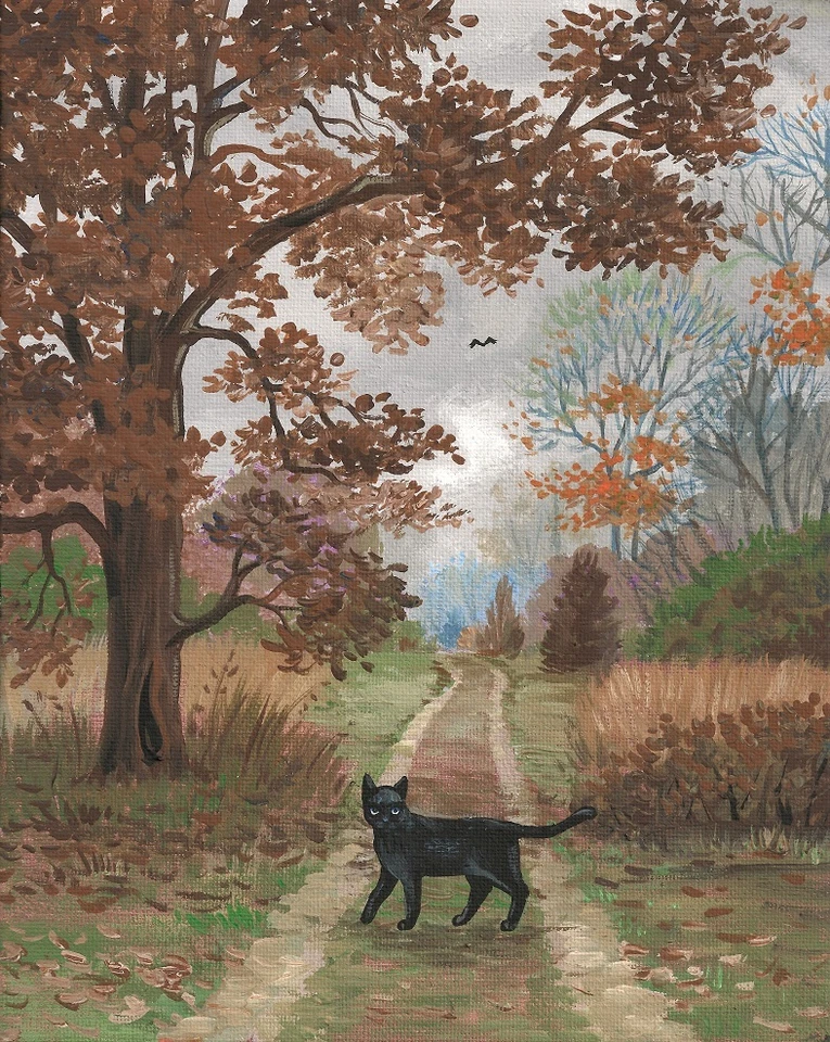 8x10 PRINT OF PAINTING LANDSCAPE BLACK CAT VINTAGE STYLE RYTA HALLOWEEN Folk Art