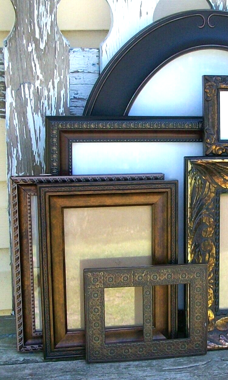 Set of 10 New & Vintage Ornate Shades of Brown and Gold Picture Frames
