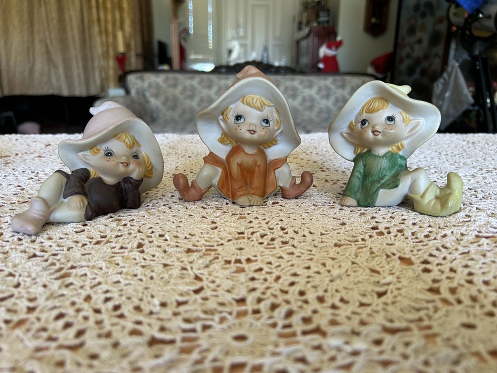 Vintage HOMCO Pixie Elves Fairies Ceramic Figurines Set of Three