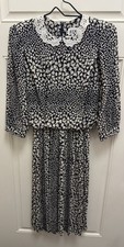 Vintage R.E.O All Over Bow Print Navy Long Sleeve Dress Lace Neckline Size 12