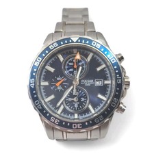 Mens Pulsar Sports Chronograph Watch Blue Bezel Dial Stainless Bracelet Strap 