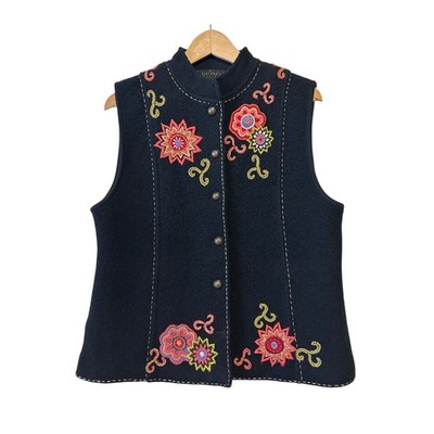 Icelandic Design Vest Sz L Black Boiled Wool Floral Embroidered Art Cottagecore