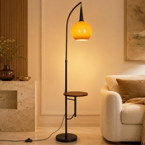 18 In Mid Century Floor Lamp With Table Adjustable Arc Standing Lamp Glass Shade
