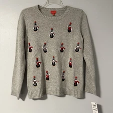 Holiday Lane Women’s Penguin Sweater Embroidered Pom Poms Christmas PL NWT
