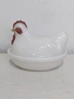 Vtg White Milk Glass Hen Chicken On Nest 2 Pc Covered Dish Farmhouse CountrySide