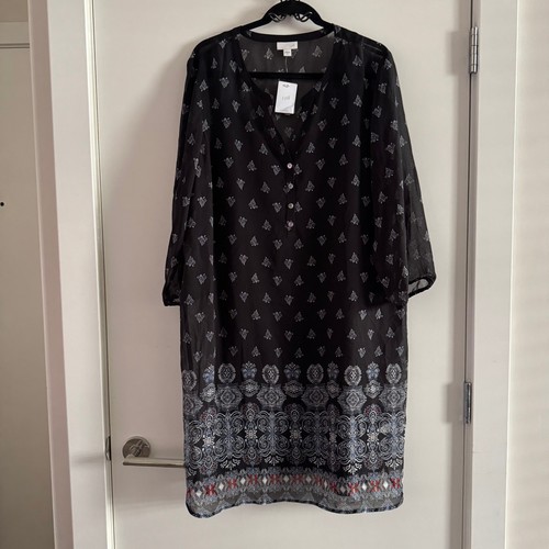 New J. Jill Dress Black Round Split Neck Button Front Shirttail 3/4 Sleeve Sz XL
