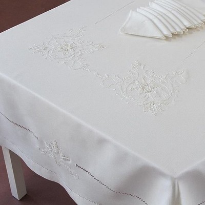 Tischdecke Tisch bestickt Leinen Baumwolle x 12 Personen Servietten klassisch 180x270cm